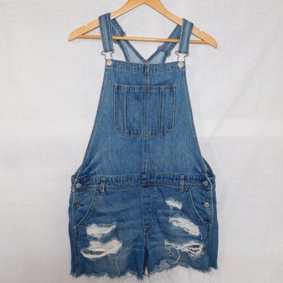 American Eagle Outfitters Pants - AE American Eagle Womens L Distressed Blue Jean Denim Short Overalls Medium Wash